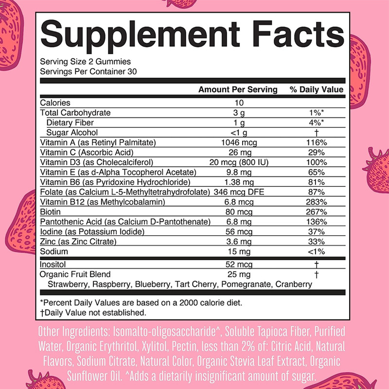 Vitaminas do multivitamínico das mulheres diárias do apoio imune com pele orgânica do cabelo dos ingredientes e para pregar gomoso