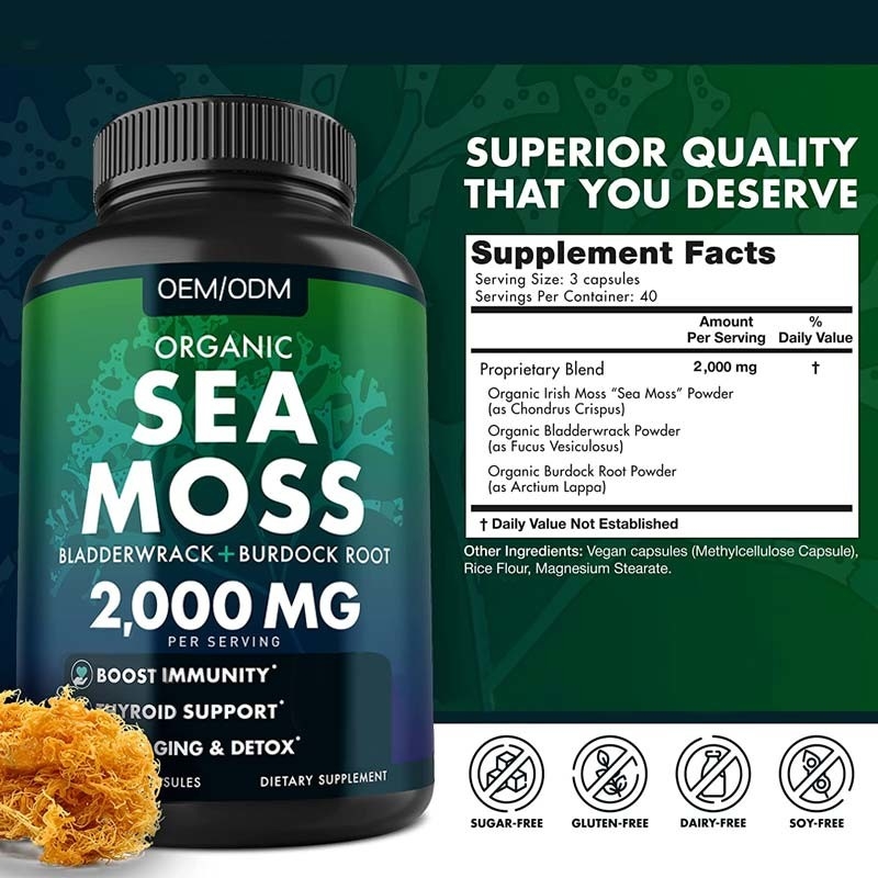 Mar orgânico Unflavored Moss Raw de Moss Capsules Wildcrafted Non GMO do mar 60 comprimidos sem glúten de Seamoss