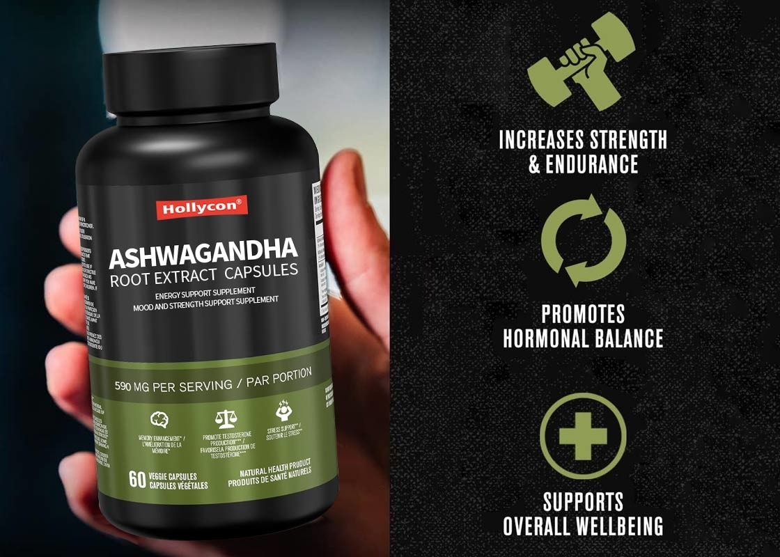 60pcs de extrato de raiz de Ashwagandha cápsulas Suplemento de apoio ao humor e força para alívio natural do estresse