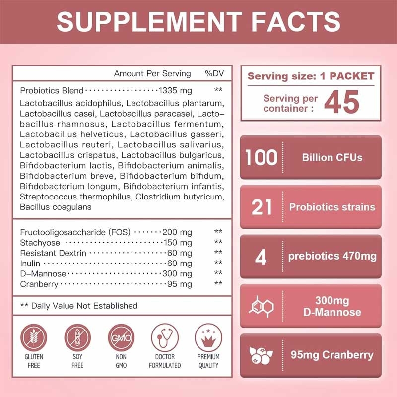 OEM Mulheres Probiótico Com D-Mannose E Cranberry Para Tratamento Urinário Intestinal Saúde Digestiva Prebióticos E Probióticos em Pó
