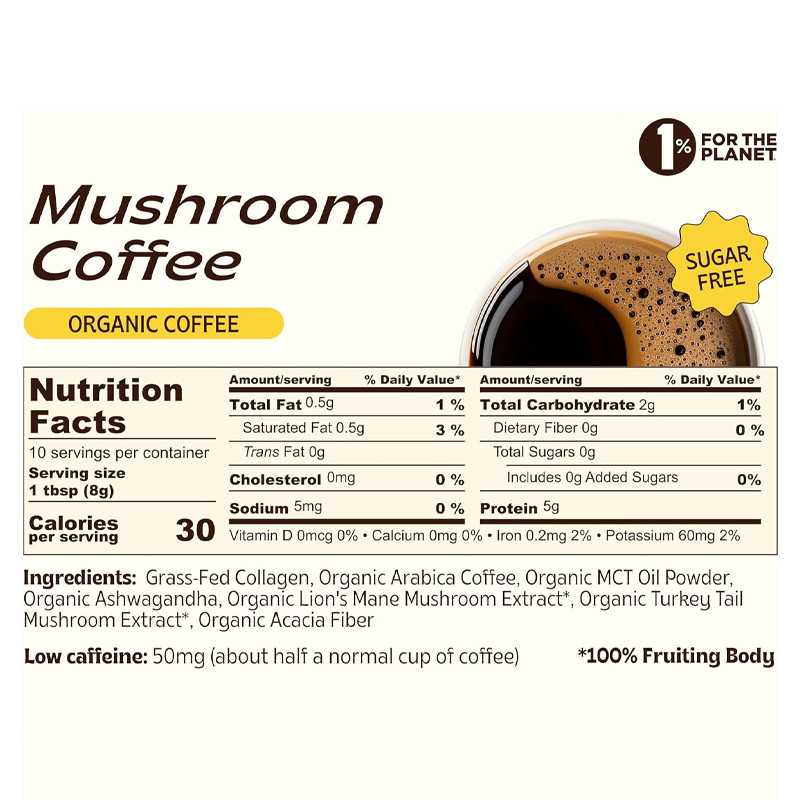 Café de cogumelos orgânicos instantâneos com colágeno Óleo MCT Digestão Suplemento de saúde Cogumelos Pó de café