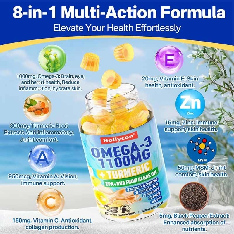 Apoio OEM DHA Vitamina A C E Zinco Cúrcuma para adultos Omega-3 Goma líquida