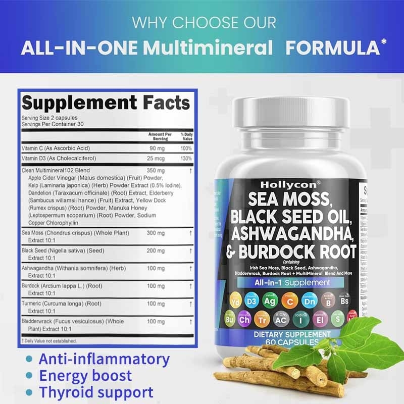 OEM Ashwagandha Cúrcuma Vitamina C D3 Para Adultos Mosso do Mar Capsulas de Óleo de Sementes Negras