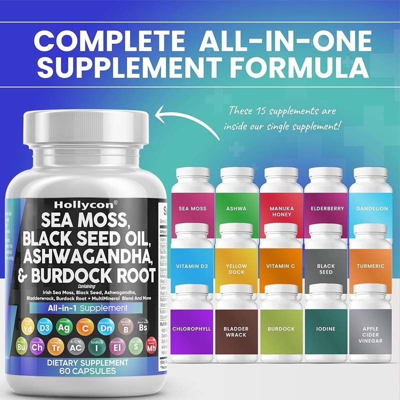 OEM Ashwagandha Cúrcuma Vitamina C D3 Para Adultos Mosso do Mar Capsulas de Óleo de Sementes Negras