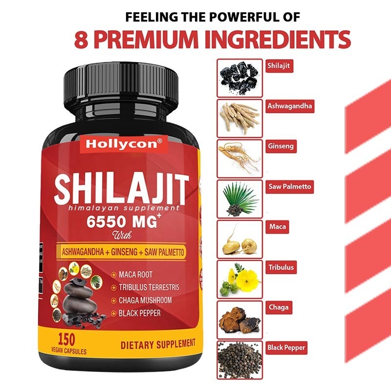 Suplemento de Shilajit do Himalaia Suporta energia e sistema imunológico Combinado Ashwagandha Ginseng Saw Palmetto Maca