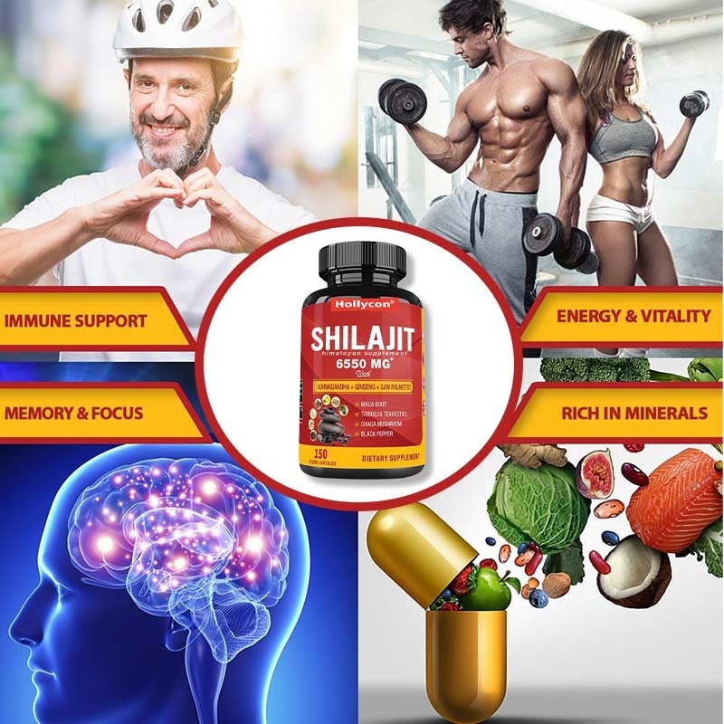 Suplemento de Shilajit do Himalaia Suporta energia e sistema imunológico Combinado Ashwagandha Ginseng Saw Palmetto Maca