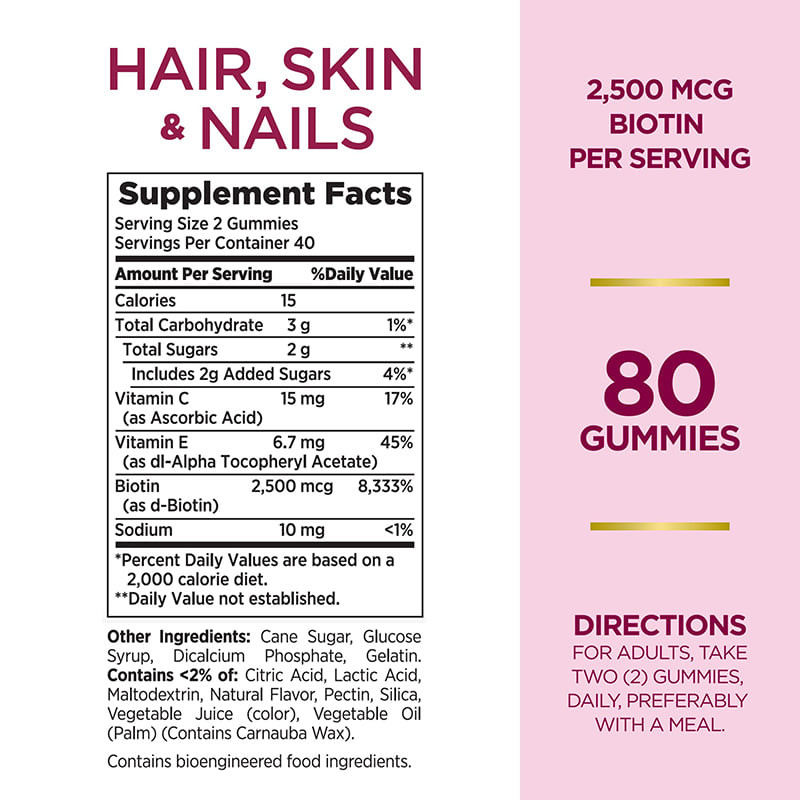 Cabelo, pele e unhas gomas para mulheres 2500mcg Biotina para o crescimento do cabelo