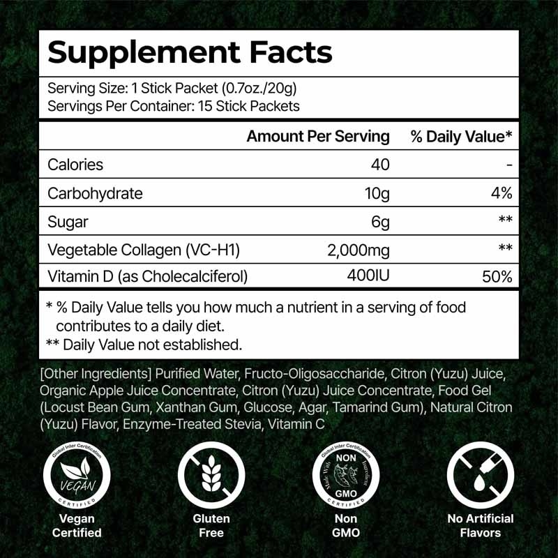 Bastões de gelatina de colágeno vegano com vitamina D3 400IU para apoiar ossos saudáveis