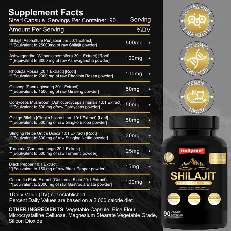 Suplemento de Shilajit orgânico do Himalaia puro para suporte imunológico 25000mg cápsulas de Shilajit