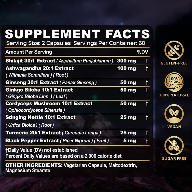 Shilajit cápsulas de venda quente Suplemento de Shilajit orgânico puro do Himalaia para homens Suporte imunológico aumento de energia