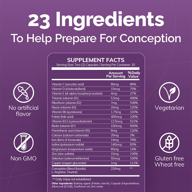 Concepção Vitamina Complexo cápsulas OEM Fábrica para um sistema reprodutivo saudável Saúde uterina Suplemento de fertilidade feminina