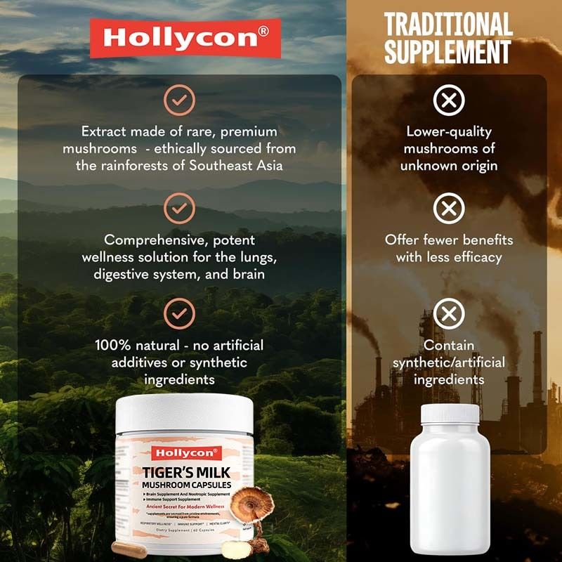 Suplemento de cogumelos Crescimento do cabelo Intestino Digestivo Cérebro Pulmão Saúde Cognitivo Foco Respiratório Tigre Leite Cogumelos Cápsulas