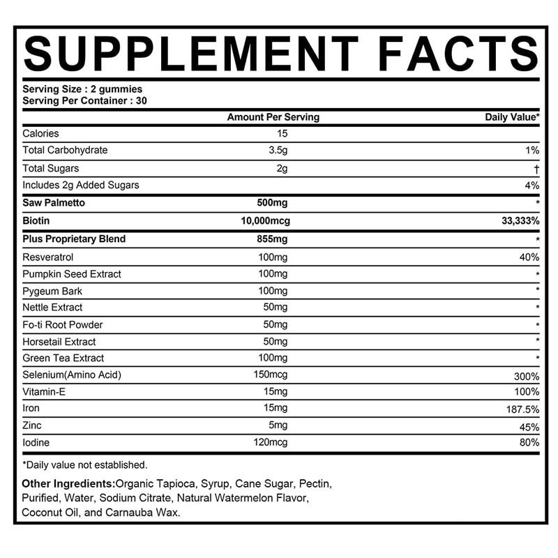 Suplemento de crescimento capilar para mulheres e homens DHT Bloqueador gomas de apoio ao equilíbrio hormonal Saúde da próstata Saw Palmetto gomas