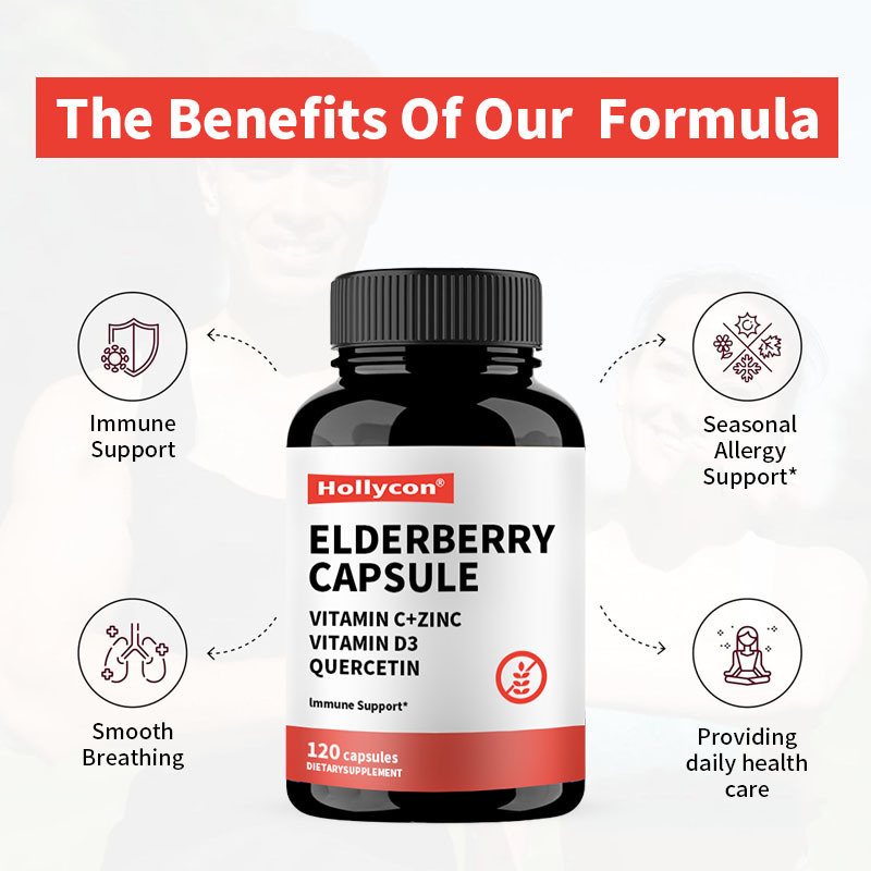 OEM Alderberry Vitamina C e zinco 120 cápsulas Suporte Imune Suplemento de ervas naturais Imunidade Reforçador Alderberry cápsula