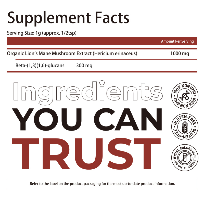 Suplemento orgânico em pó de juba de leão com 100% de extrato de corpo de frutas e 30% de beta-glucanos para suporte cognitivo - 150 gramas por saco