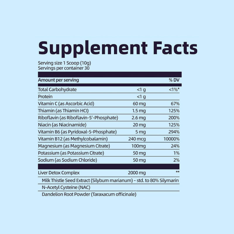 Preço de fábrica OEM 29 em 1 Pó de desintoxicação corporal total com Cardo Mariano | Sabor terroso potente de ingredientes naturais | Suplemento de suporte hepático e digestivo, fórmula personalizada