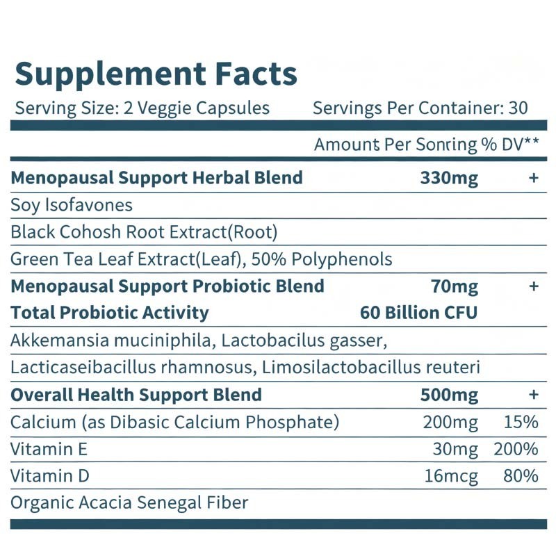 Suplementos probióticos para menopausa feitos de fábrica OEM / ODM para mulheres - 60 bilhões de UFC Probióticos Akkermansia para equilíbrio hormonal, suores noturnos, alívio de ondas de calor, saúde intestinal, fórmula personalizada