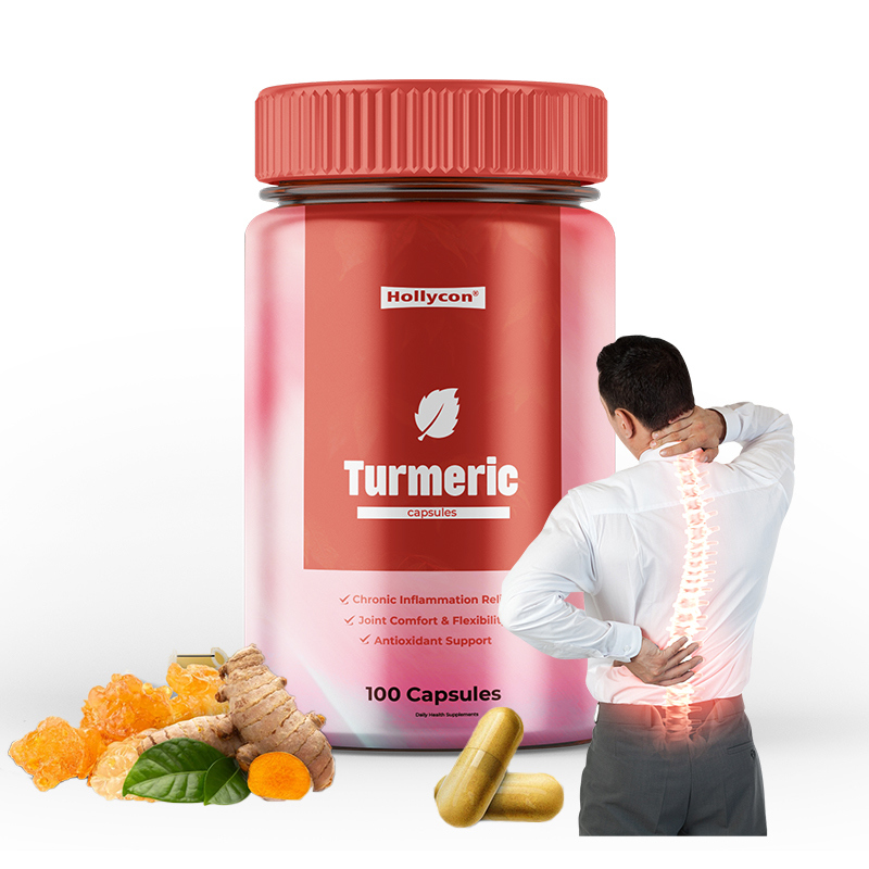 Cápsulas de cúrcuma de marca privada com 100 cápsulas por frasco para apoio digestivo e dose diária de 3 cápsulas