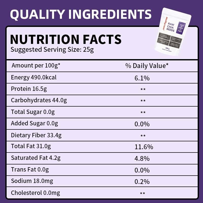 Sementes de Chia OEM / ODM 500g, Embalagem com 1 | Sementes para Consumo | Sementes para Controle de Peso | Ricas em Cálcio, Proteína e Fibras Sem Adição de Açúcar, fórmula personalizada
