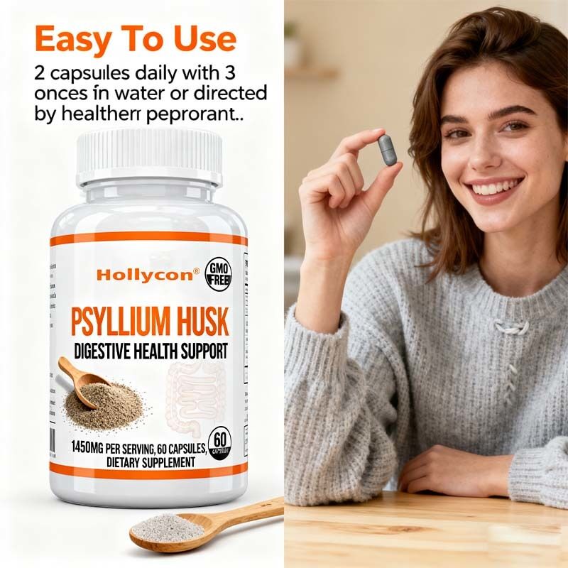 Psyllium Husk Capsules ¢ 60 Count ¢ Suplemento de Apoio ao Intestino e Colono ¢ Promove a Saúde e Regularidade Digestiva ¢ Não OGM, Fórmula de Alta Fibra Marca Privada, OEM Disponível, Preço de Fábrica