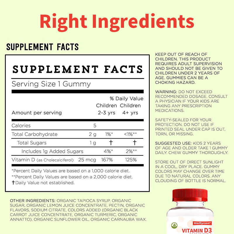 Vitamina D3 Orgânica para Crianças OEM Suplemento de Vitamina D3 Gomas para Saúde Óssea e Imunológica Gomas de Vitamina D3