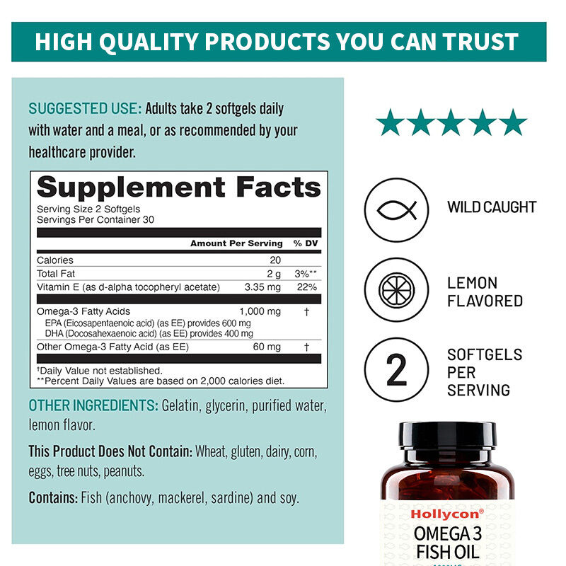 Suplemento de Ômega 3 OEM 1000mg por porção, 600 EPA & 400 DHA e Vitamina E para suporte à saúde do coração e do cérebro, Óleo de peixe Ômega 3