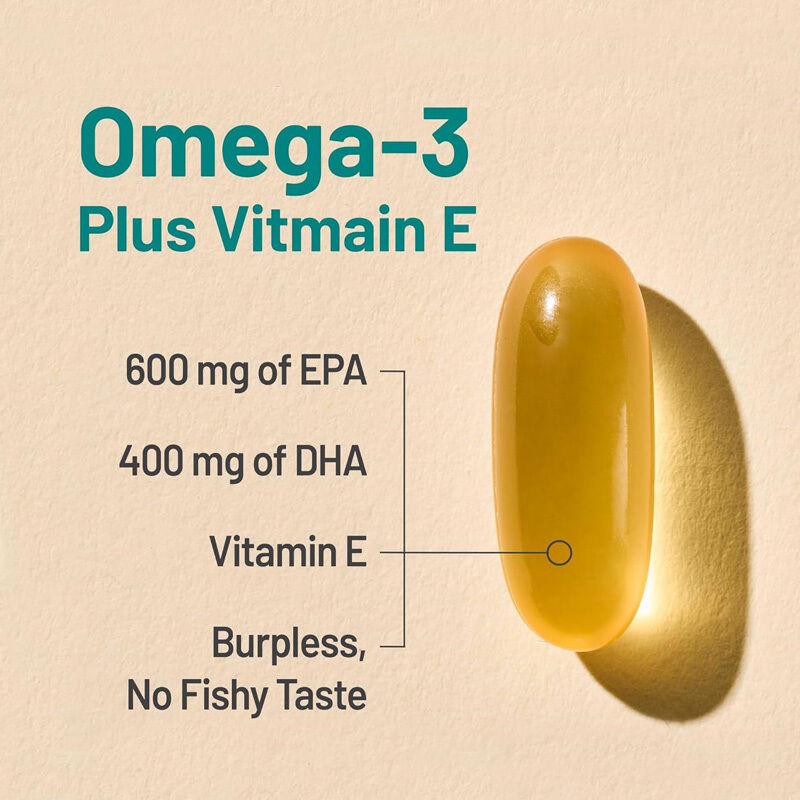 Suplemento de Ômega 3 OEM 1000mg por porção, 600 EPA & 400 DHA e Vitamina E para suporte à saúde do coração e do cérebro, Óleo de peixe Ômega 3