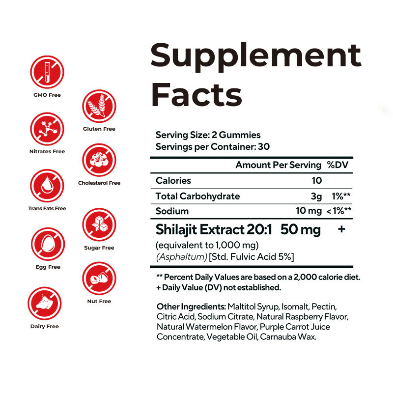 Shilajit de Marca Privada Gomes para Homens Suplemento Sem Açúcar de Ácido Fúlvico Manter níveis normais de energia e função imunológica