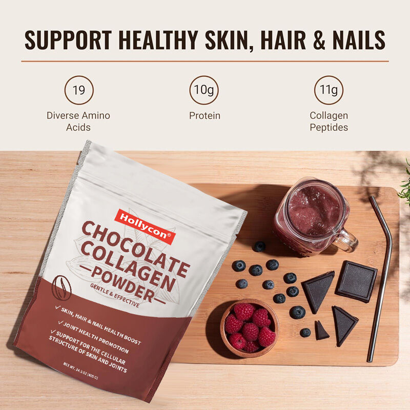 Pó de Peptídeos de Colágeno OEM para Cabelo, Pele, Unhas e Articulações Tipo I e III Suplementos de Colágeno Alimentado a Pasto Pó de Colágeno de Chocolate
