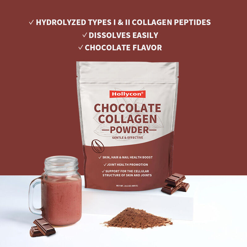 Pó de Peptídeos de Colágeno OEM para Cabelo, Pele, Unhas e Articulações Tipo I e III Suplementos de Colágeno Alimentado a Pasto Pó de Colágeno de Chocolate