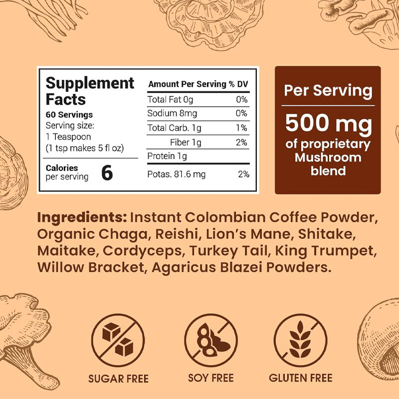 OEM/ODM Extracto de cogumelos Crina de leão orgânica suporta foco de memória Cogumelos Pó de café com cogumelos