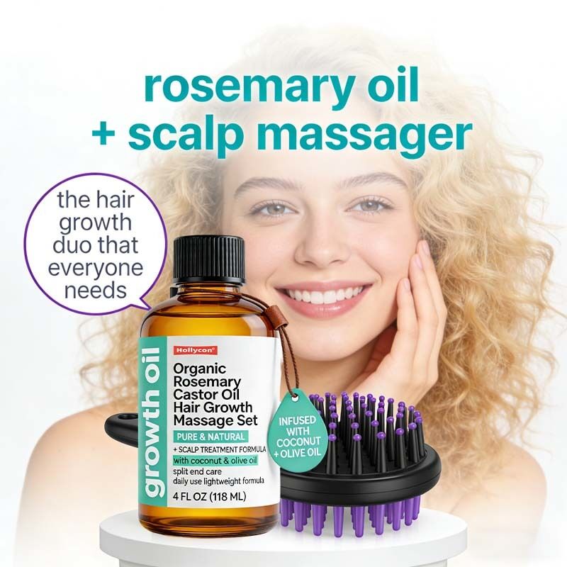 Conjunto de Massagem Capilar com Alecrim Orgânico e Óleo de Rícino para Cuidados com o Couro Cabeludo, Tratamento Nutritivo e Cabelos Mais Grossos e Cheios