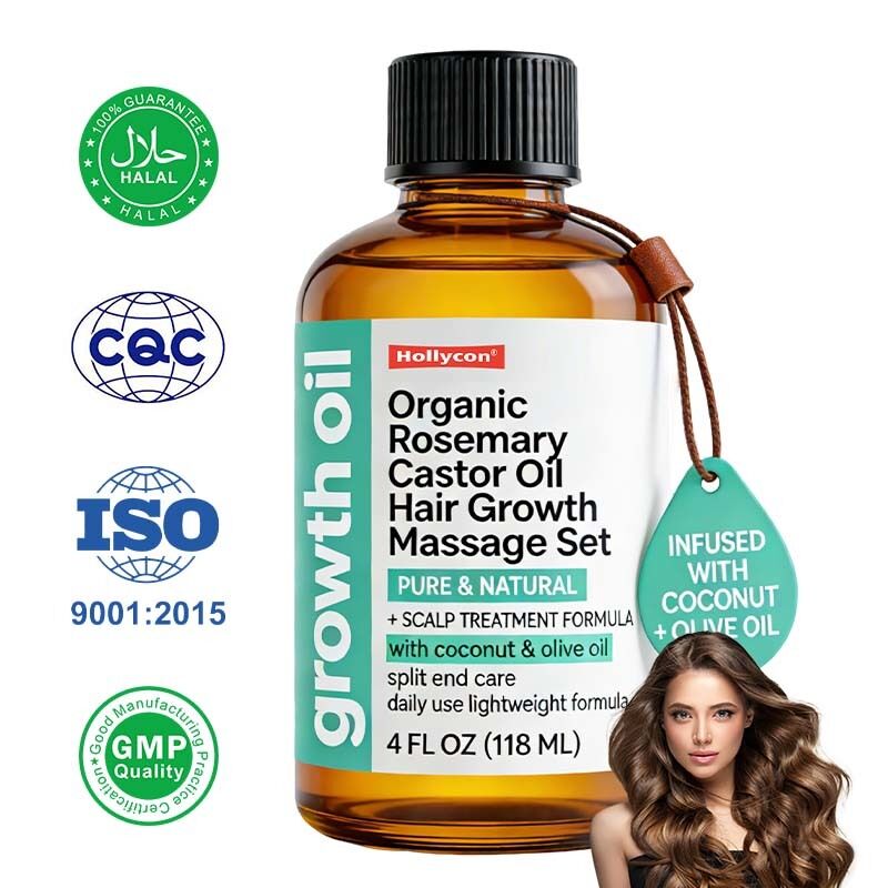Conjunto de Massagem Capilar com Alecrim Orgânico e Óleo de Rícino para Cuidados com o Couro Cabeludo, Tratamento Nutritivo e Cabelos Mais Grossos e Cheios