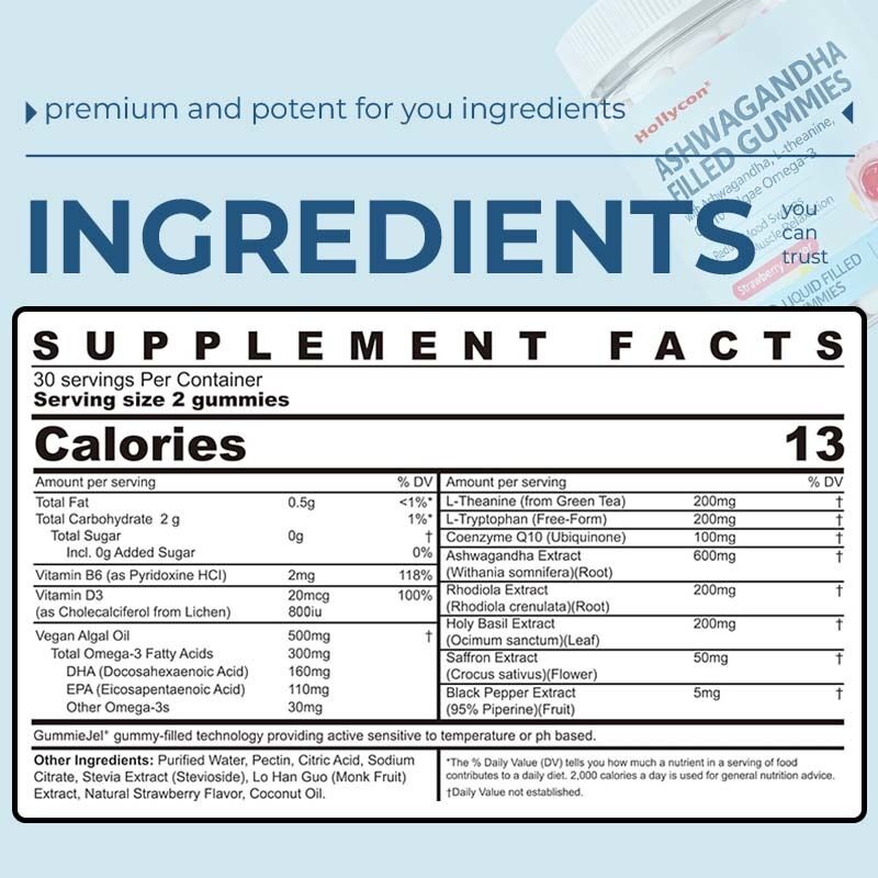 Fabricante Original Suplemento de Bem-Estar Gomas de Vitamina D3 Vegana Ômega 3 CoQ10 Ashwagandha para Adultos Bem-Estar Corporal Diário