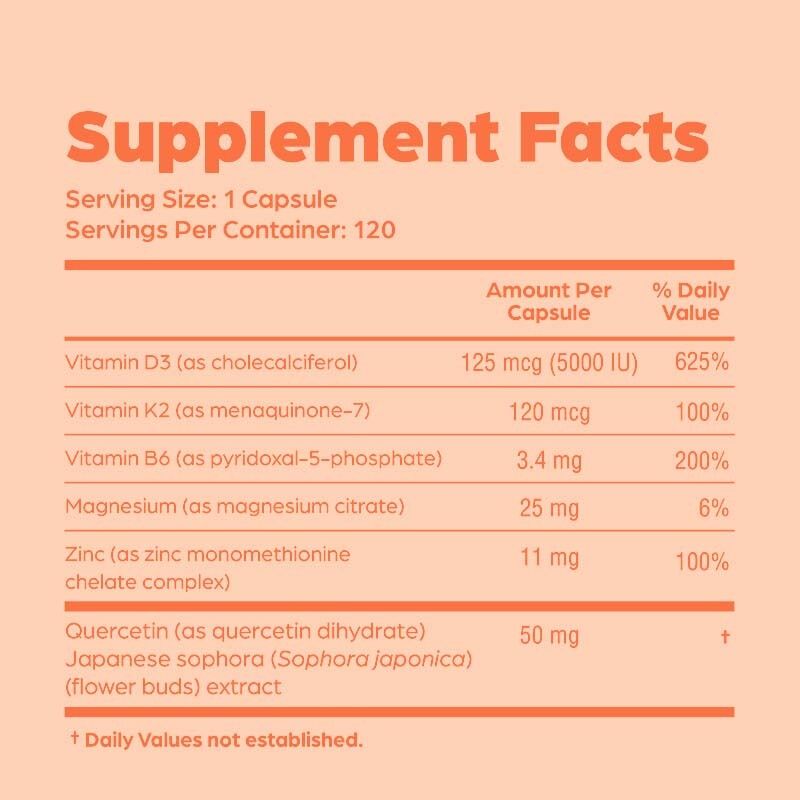 Marca Privada Vitamina D3 K2 cápsulas com Vitamina B6, Zinco e Quercetina Apoia energia, imunidade, saúde muscular para homens e mulheres