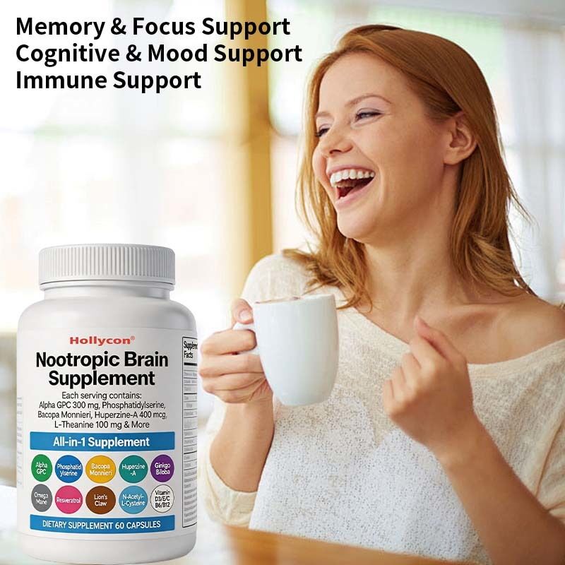 OEM Suplemento Cerebral Nootrópico com Alpha GPC, Fosphatidylserine & Bacopa Monnieri Suporta Memória & Foco Cognitivo & Humor