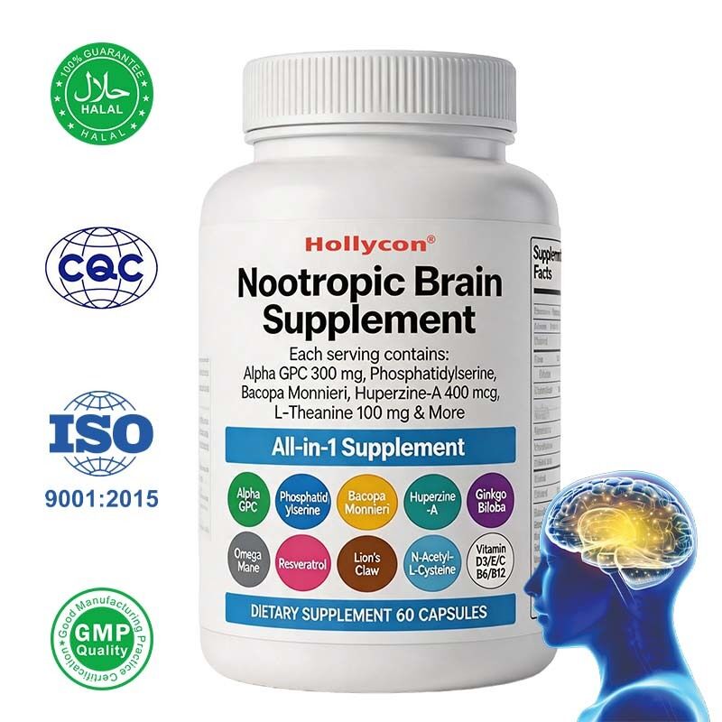 OEM Suplemento Cerebral Nootrópico com Alpha GPC, Fosphatidylserine & Bacopa Monnieri Suporta Memória & Foco Cognitivo & Humor