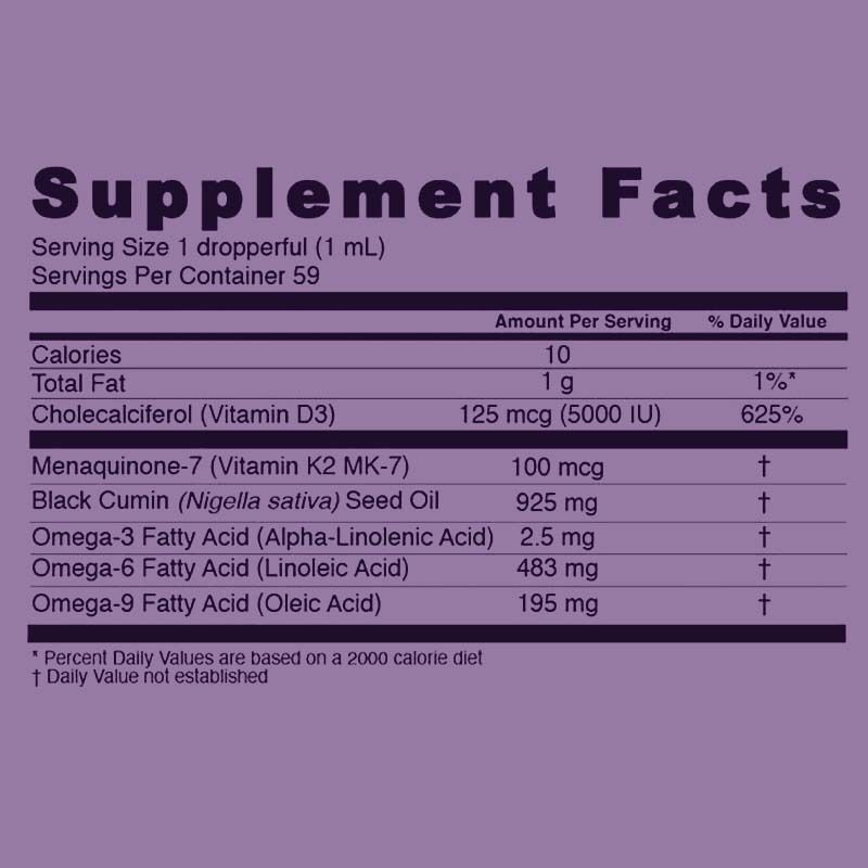 Gotas líquidas de óleo de semente preta personalizadas OEM / ODM com vitamina D3 K2 e E apoiam a saúde imunológica e óssea, saúde intestinal, antioxidante