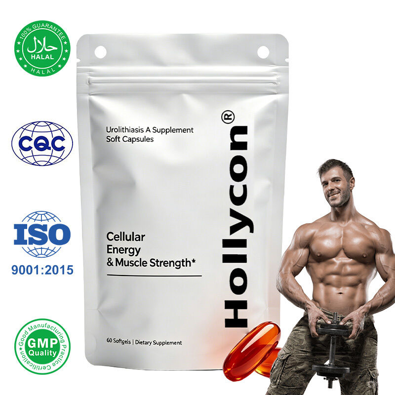 Alta pureza Urolithin A cápsulas macias. Suplemento de nutrientes celulares derivados de plantas com etiqueta privada personalizada.