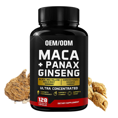 Cápsulas de suplemento de raiz de maca preto vermelho amarelo 10000 mg personalizadas Panax Ginseng