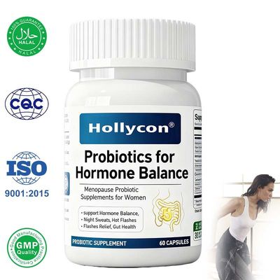 Suplementos probióticos para menopausa feitos de fábrica OEM / ODM para mulheres - 60 bilhões de UFC Probióticos Akkermansia para equilíbrio hormonal, suores noturnos, alívio de ondas de calor, saúde intestinal, fórmula personalizada